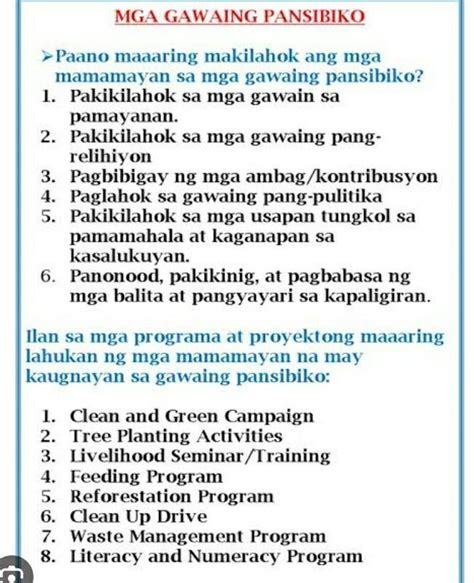 limang halimbawa ng gawaing pansibiko|Halimbawa Ng Gawaing Pansibiko .